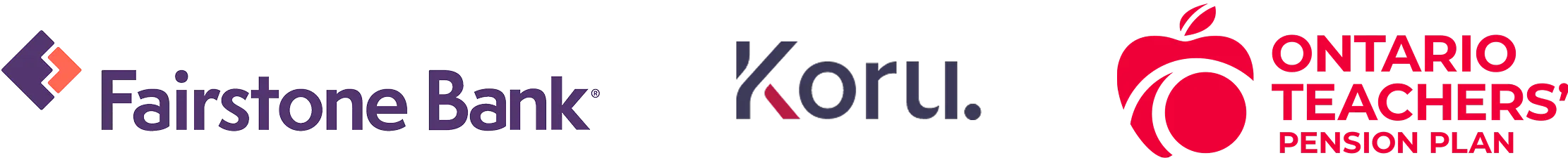 Logos of the Fairstone Bank, Koru, and Ontario Teachers' Pension Plan