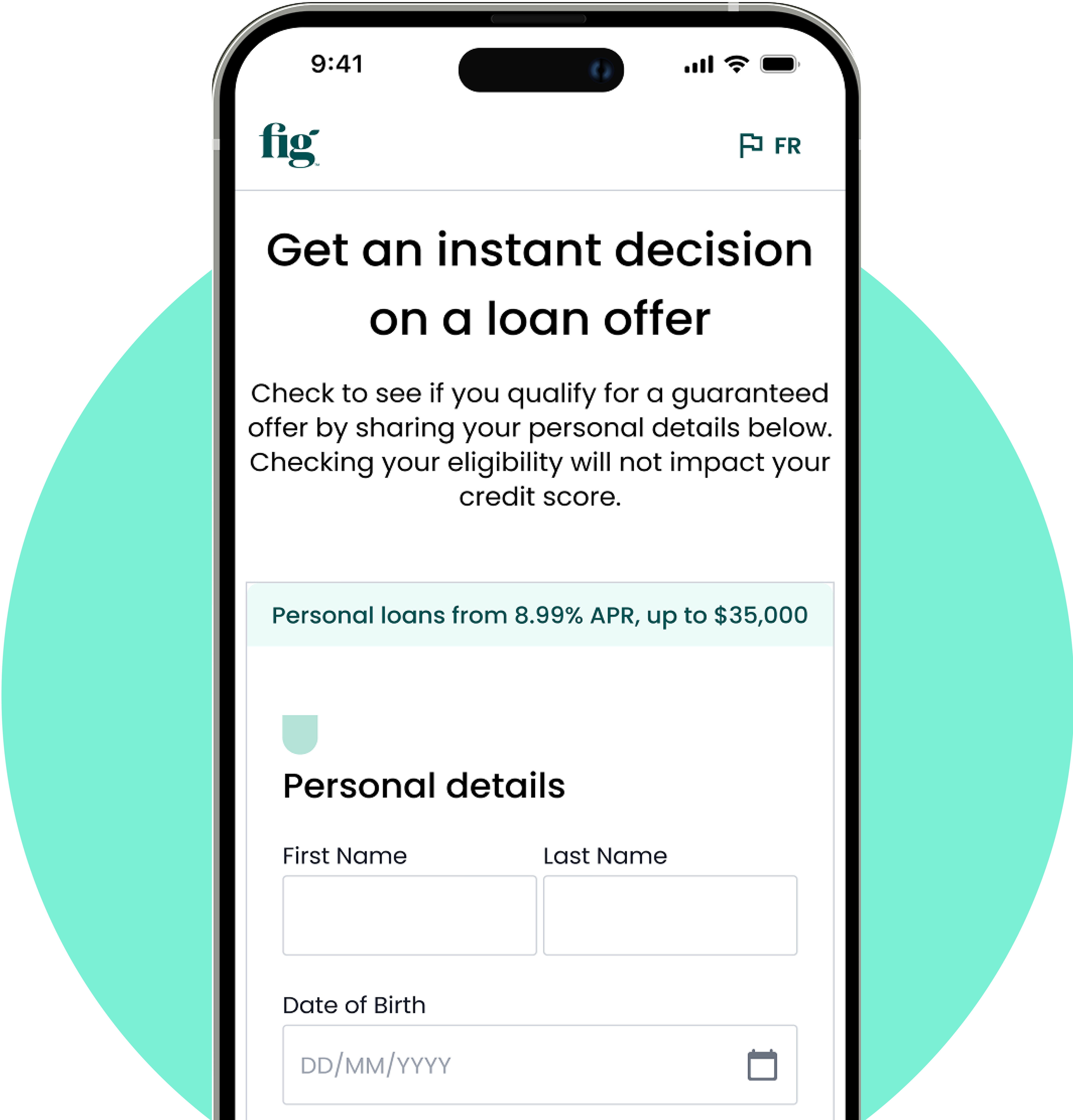 Mobile phone screen displaying Fig's loan prequalification page.