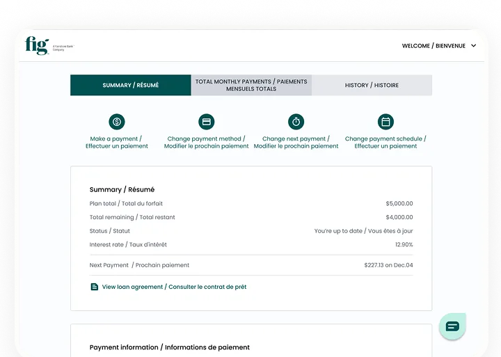 Fig account dashboard showing payment options and repayment details
