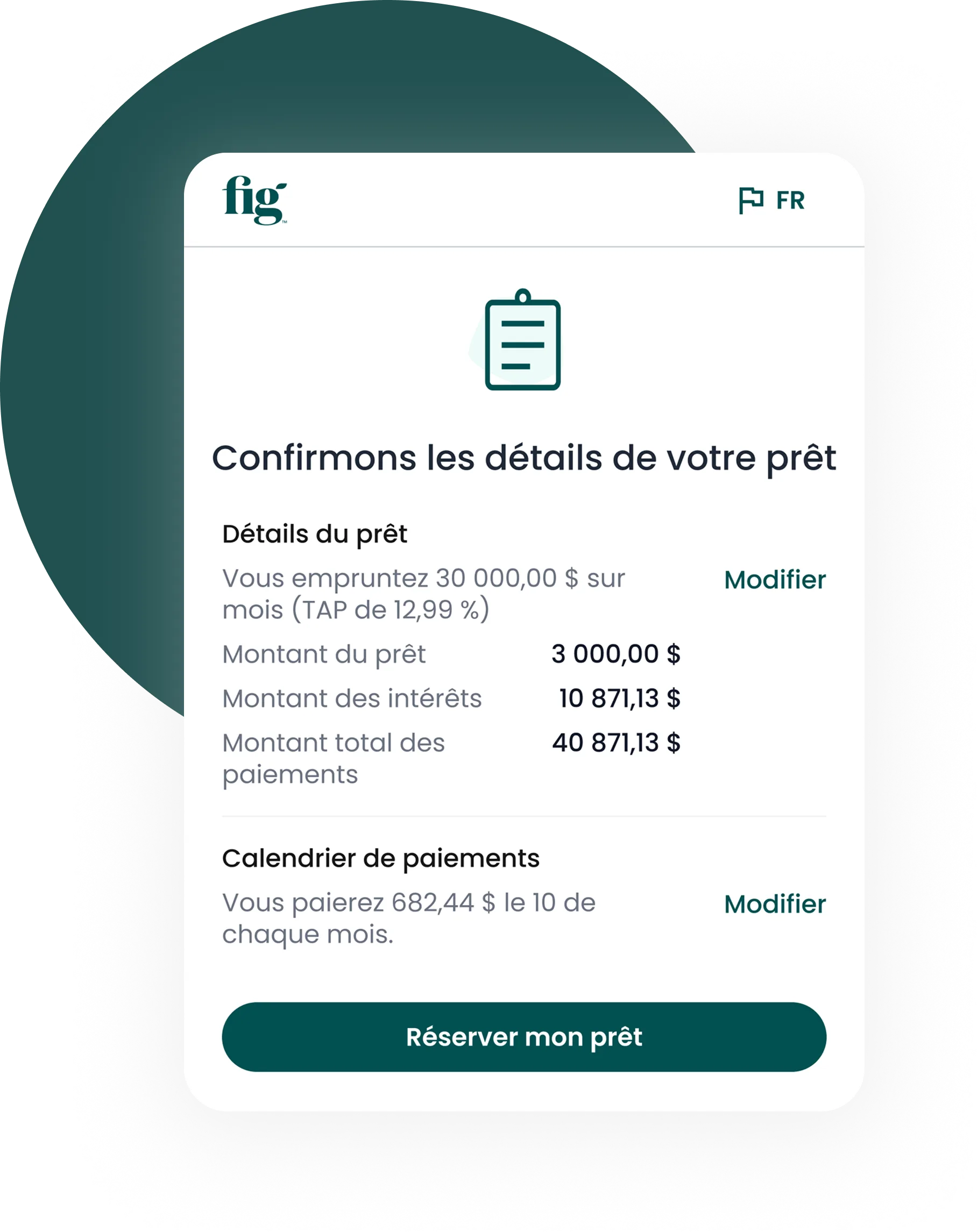 Un écran de confirmation de prêt de 'fig'. Les boutons permettant de modifier les détails et de réserver le prêt sont visibles.