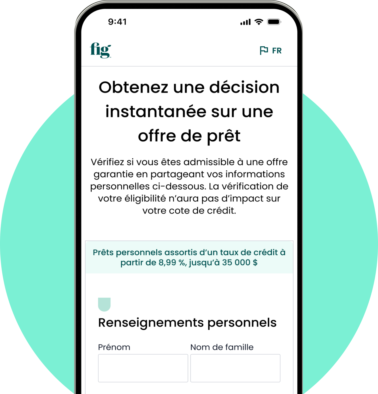 Écran de téléphone portable affichant la page de préqualification d’un prêt Fig.