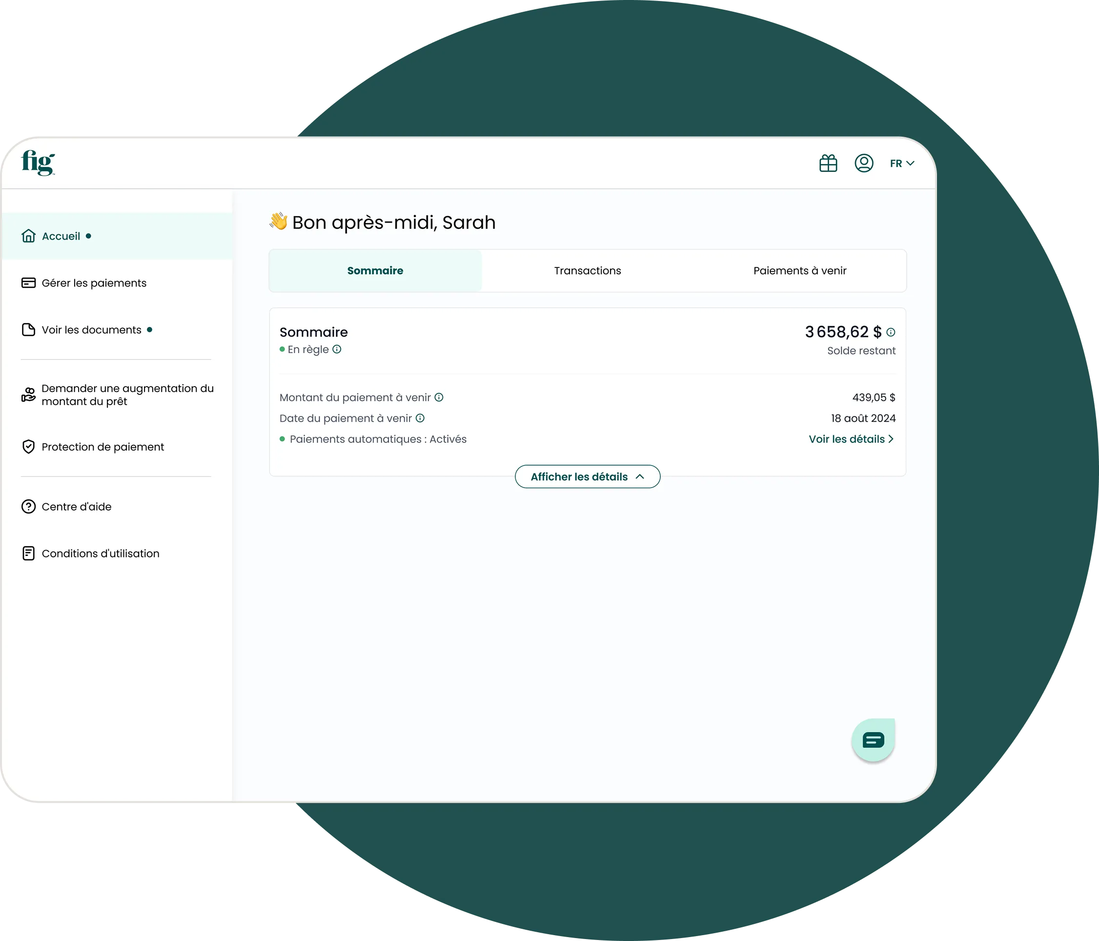 Capture d'écran d'une page web de gestion de prêt d'une société nommée 'fig'. Elle affiche les options permettant d'effectuer un paiement, de modifier la date de paiement, de modifier le montant de paiement, et de modifier le mode de paiement. La section résumé montre les détails du prêt tel que le total du plan, le montant restant, le taux d'intérêt, et la date d'échéance du prochain paiement.
